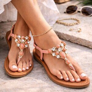Top Moda Berry-9 Women's Rhinestone Jeweled T-Strap Sandals Flats Coral
